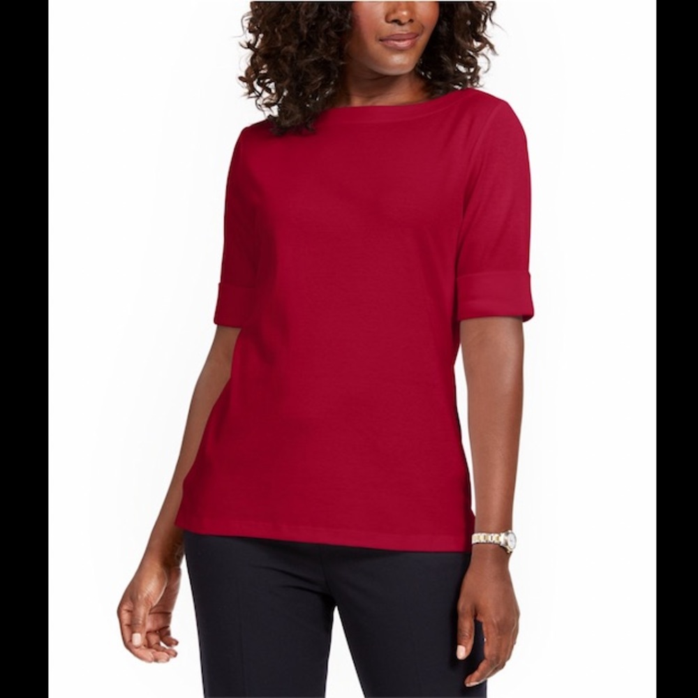 KAREN SCOTT BOAT NECK ELBOW SLEEVE TOP